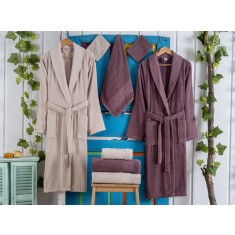 Set de halate de baie cu prosoape si manusi, bumbac 100%, MODA Bej/Mov