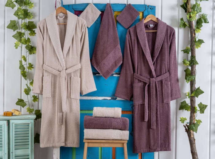 Set de halate de baie cu prosoape si manusi, bumbac 100%, MODA Bej/Mov