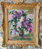 Cumpara ieftin Mihai Menzopol-Flori de liliac, pictură pe carton, Ulei, Realism