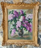 Mihai Menzopol-Flori de liliac, pictură pe carton, Ulei, Realism