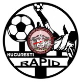 Ceas de perete decorativ realizat din disc de vinil, Model Rapid Bucuresti, Fotbalist in Foarfeca si Mingi, Text Bucuresti Rapid, Negru, 30 cm