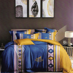 Lenjerie de pat matrimonial cu husa elastic pat si 4 fete perna dreptunghiulara, Cybele, bumbac mercerizat, multicolor