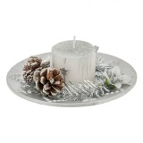 Platou Decorativ Crăciun, Lum&acirc;nare, Conuri Argintii, 14cm, Argintiu, Oem