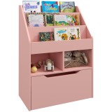 HOMCOM Bibliotecă pentru Copii cu Rafturi, Sertar și Roți, Raft pentru Jucării și Cărți, 60x29.9x90 cm, Roz | Aosom Romania
