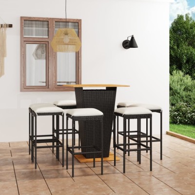 vidaXL Set mobilier bar de grădină cu perne, 9 piese, negru, poliratan foto