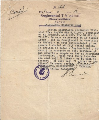 A3629N General Alexandru Saidac, semnătură olografă din anul 1937, pe c&amp;acirc;nd era colonel și comandant al Regimentului 7 V&amp;acirc;nători foto