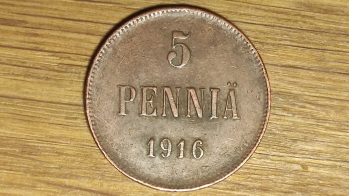 Finlanda ducat sub Imperiul Rus -piesa de istorie- 5 pennia 1916 XF -Nicolae II