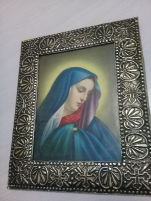 ICOANA Veche,rama RELIGIOASA Argintata,icoana,,litografie,,rama lata argintata foto