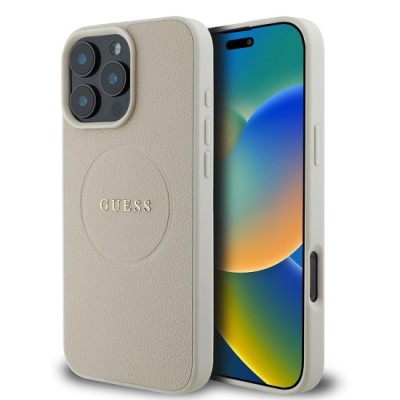 Husa pentru iPhone 16 Pro - Guess Grained Gold Ring MagSafe (GUHMP16LPGHSMME) - Beige foto