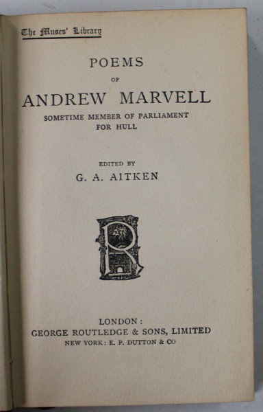 POEMS OF ANDREW MARVELL , EDITIE DE SFARSIT DE SECOL XIX , FORMAT REDUS