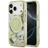 Husa MagSafe pentru Apple iPhone 18 Pro / 17 Pro, Guess, IML Metal Glitter Flowers Triangle, Verde
