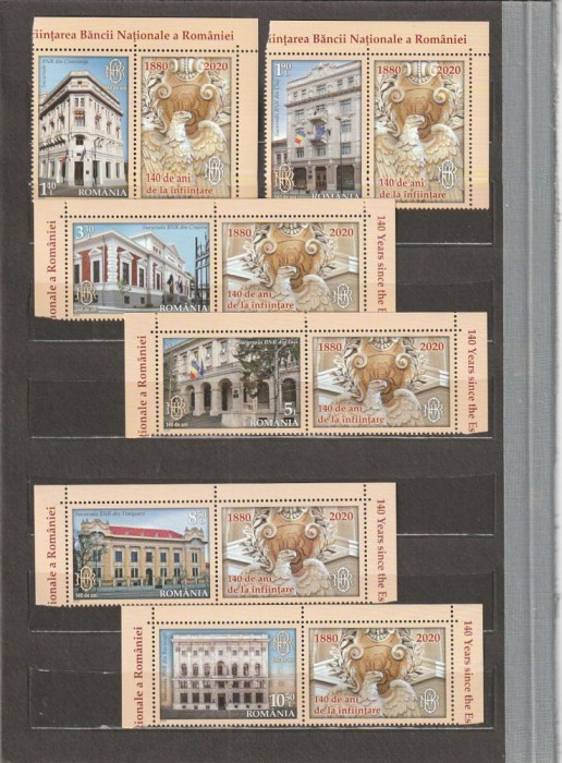 ROMANIA 2020 LP 2304 LP 2304 a LP 2304 b 140 DE ANI DE LA INFIINTAREA BANCII NATIONALE A ROMANIEI SERIE CU VINIETA + COLITA + BLOC DE 6 TIMBRE MNH +