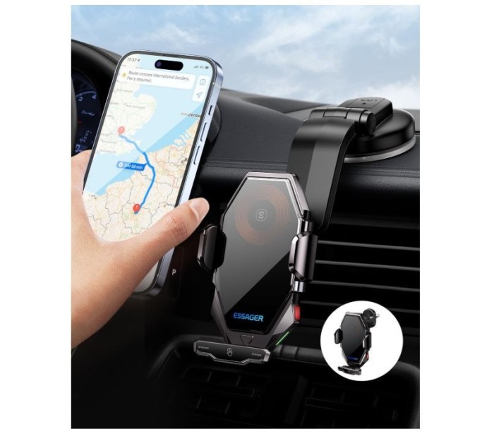 Suport auto cu incarcator pentru telefon mobil ESSAGER, 15W, cu ventuza - RESIGILAT