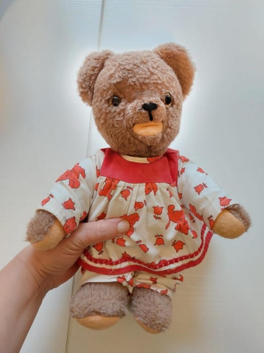 Ursulet vintage de push, tip Zotty, in hainele originale, 30cm