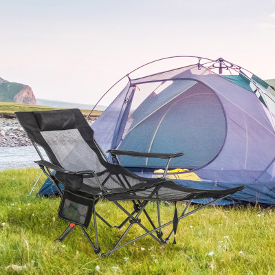 Outsunny Scaun pliant pentru camping cu spatar inclinabil si suport pentru picioare, scaun pliabil cu suport pentru pahare si buzunar, 58x148x90cm, ne foto