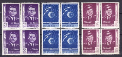 ROMANIA 1962 LP 547 PRIMUL ZBOR IN GRUP - VOSTOK 3 SI 4 BLOCURI DE 4 TIMBRE MNH foto