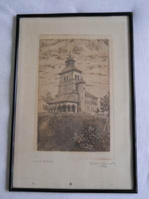 Gravura,&amp;quot;Biserica Strehaia&amp;quot;,1928, Anton Kaindl(1872-1951),25x15,5 rama/sticla foto