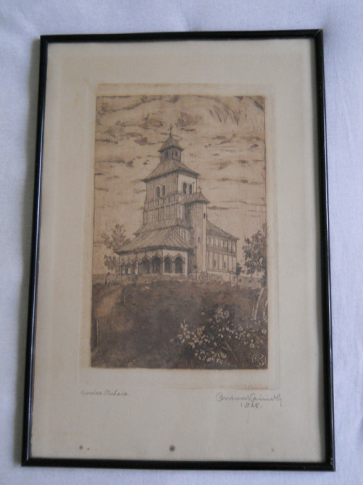 Anton Kaindl(1872-1951)Biserica Strehaia,gravura,1928,25x15,5 rama/sticla