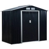 Cumpara ieftin Casuta/magazie/sopron de gradina pentru depozitare unelte, cu structura baza inclusa, otel si PP, gri inchis, 213x130x185 cm