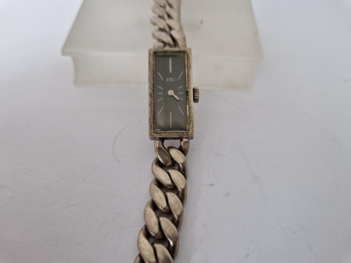 Ceas Mecanic de ESC Dreptunghiular - Carcasa si Bratara din Argint de 0.835-Vintage.