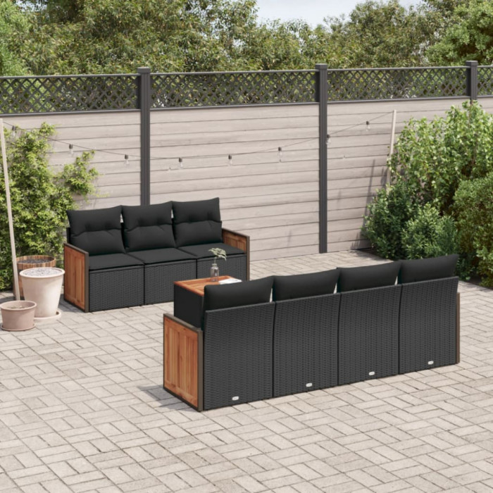 Set mobilier de gradina cu perne, 8 piese, negru, poliratan