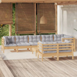 VidaXL Set mobilier grădină cu perne, 9 piese, gri, lemn masiv pin