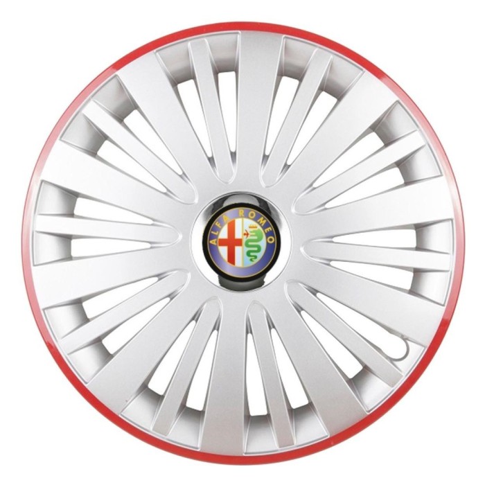 Set 4 Capace Roti, potrivite jantelor de R16, pentru Alfa Romeo, model falcon argintiu cu rama rosie