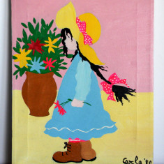 Fetita cu palarie - tablou acrilic pe panza, pictura pop art, semnat, datat 1980