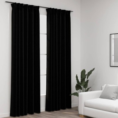 Perdele opace aspect p&amp;acirc;nză, c&amp;acirc;rlige, 2 buc., negru, 140x245 cm foto