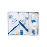 Cumpara ieftin Trusou Botez 6 piese personalizat cu broderie - "Cu drag de la Nasi" - Ingeras - ALB - ALBASTRU- TB119