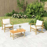 Gossi set mobilier de gradina, cu perne alb crem, 3 piese, bambus
