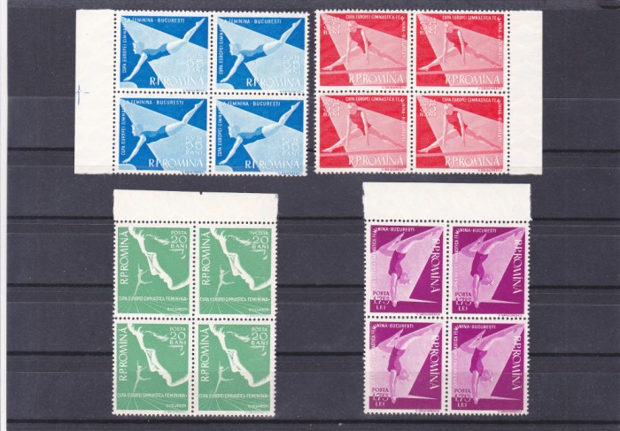ROMANIA 1957 LP 429 CAMPIONATELE EUROPENE DE GIMNASTICA BLOCURI DE 4 MNH