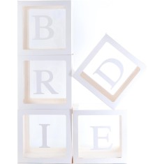 Set 5 Cutii pentru Baloane, Cyrax, Model Scris Bride, Tematica Nunta, Cuburi Decorative din Plastic, Accesorii pentru Petrecere, 30 x30 cm, Transparen