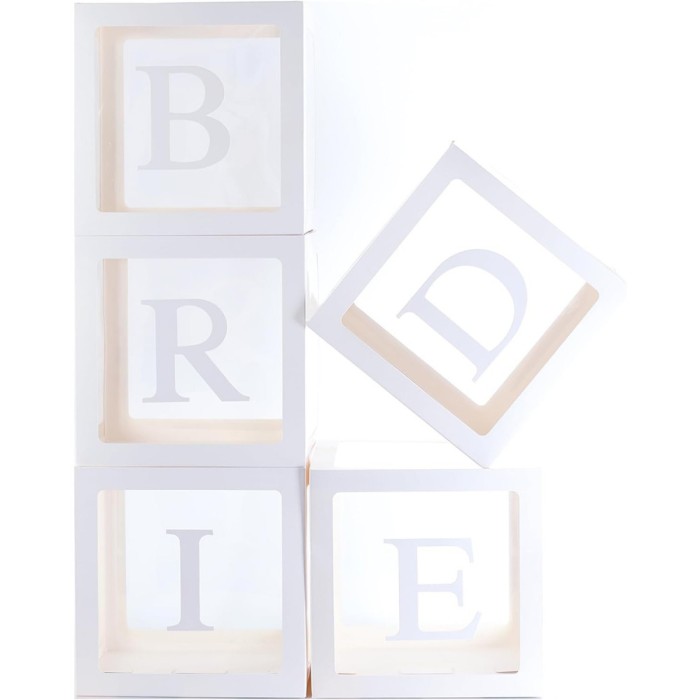 Set 5 cutii pentru baloane, flippy, model scris bride, tematica nunta, cuburi decorative din plastic, accesorii pentru petrecere, 30 x30 cm, transpare
