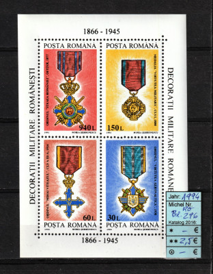 Romania, 1994 | Decoraţii militare rom&amp;acirc;neşti | Coală / Minisheet - MNH | aph foto