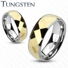 Inel tungsten -două culori, mijloc auriu, şlefuit în mod geometric - Marime inel: 52, Grosime: 6 mm