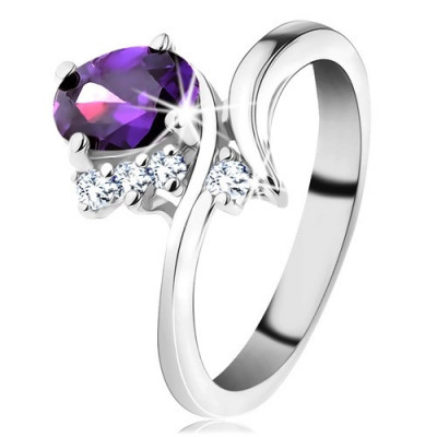 Inel de nuanță argintie, brațe ondulate &amp;icirc;nguste, zirconiu oval violet - Marime inel: 56 foto