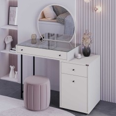 Masa de machiaj Adore Dior, 3 sertare cu oglinda , Crem, 108 x 130 x 47 cm foto