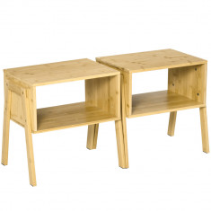 Set 2 Noptiere HOMCOM Design Inovator Deschis și Stivuibil din Bambus Natural 43x32,5x42cm pentru Dormitor | Aosom Romania