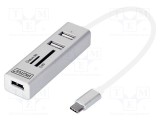 Hub USB 2.0 DIGITUS cu cititor carduri memorie, 3 porturi USB A, OTG, alb