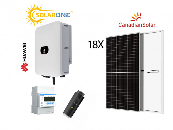 Kit sistem fotovoltaic 8 kW trifazat, invertor Huawei si 18 panouri Canadian Solar 430W HiHero