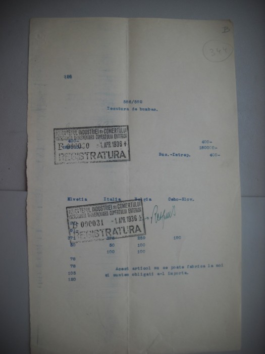 HOPCT DOCUMENT VECHI 344 MINISTERUL INDUSTRIEI COMERT EXTERIOR /BUCURESTI 1936