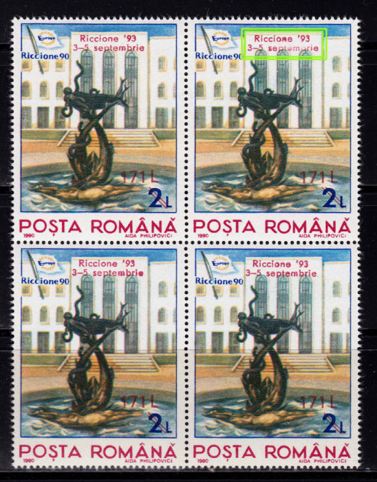 RO 1993 LP 1323 &quot;Expo.Fila. Riccione - supra.&quot;, bloc 4 , EROARE catalogata ,MNH