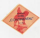Etichetă publicitară veche Hotel Continental Cluj, Rom&acirc;nia, motiv ecvestru