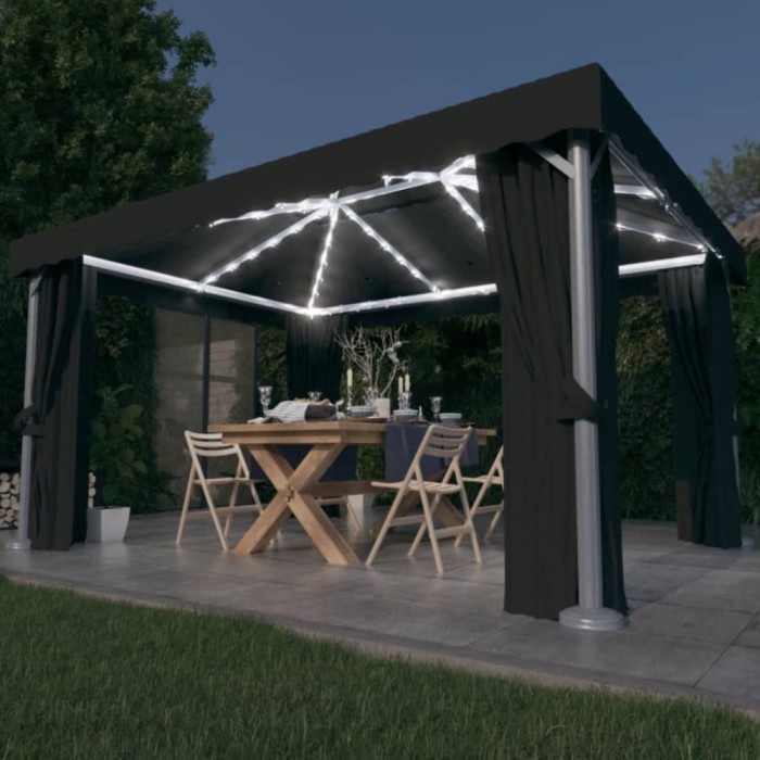 Pavilion cu perdele &amp; șiruri lumini LED, antracit, 4x3 m