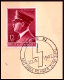 Timbru Germania 1942 - Ziua de Naștere a lui Hitler, Margine de Coală, Ștampilă Specială Wien &bdquo;Mit dem F&uuml;hrer zum Sieg&rdquo; (Mi. 813) -A222