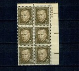 SUA 1967 - Personalități, George Marshall, bloc de 6 neuzat, cu număr de placa pe margine