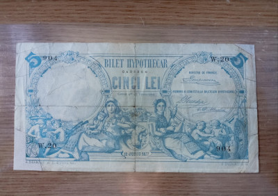 ROMANIA 5 LEI - 1877 , Bilet Hypothecar . Piesa foarte rara . Putin restaurata foto