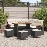 Set de Canapea de Grădină vidaXL cu Perne Negru Ratan Poli Acacia, Set de Dining de Grădină vidaXL cu Perne Negru Ratan Poli Acacia