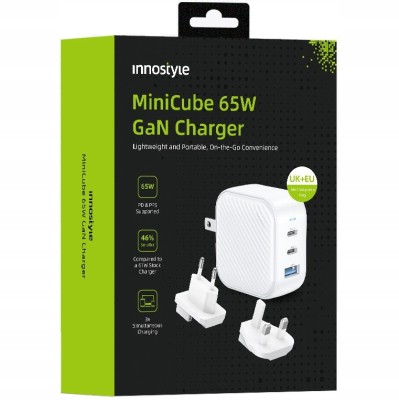 Innostyle Mini Cub Puternic &amp;Icirc;ncărcător Rapid De &amp;Icirc;ncărcare Rapidă Gan Călătorie Eu Us Uk Au 3X Usb Usb-C 65W Alb foto